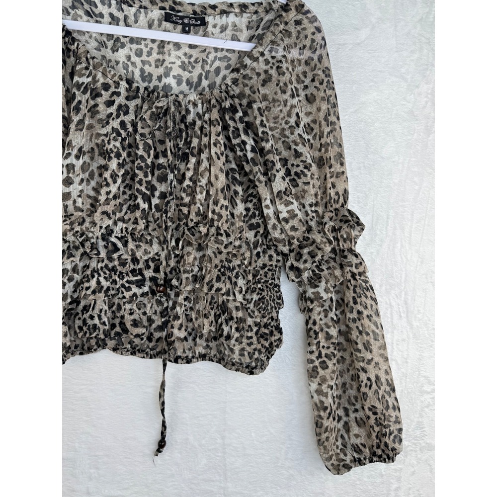 King & Girls Leopard Print Smocked Waist Ruffle Sleeve Sheer Blouse Medium - Picture 4 of 8